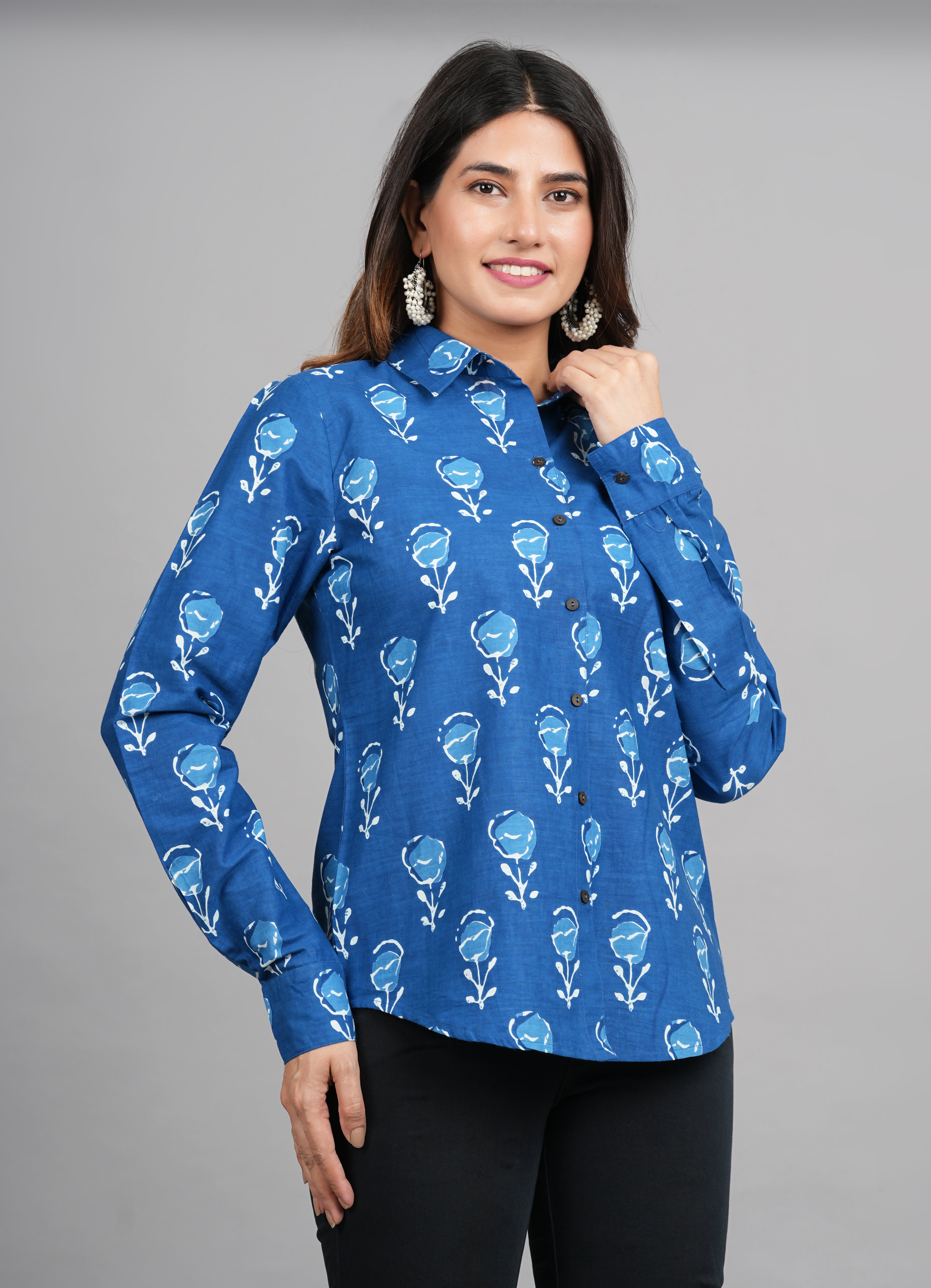 House of RP Women Light Blue Cotton Floral Print Casual Shirt - Distacart