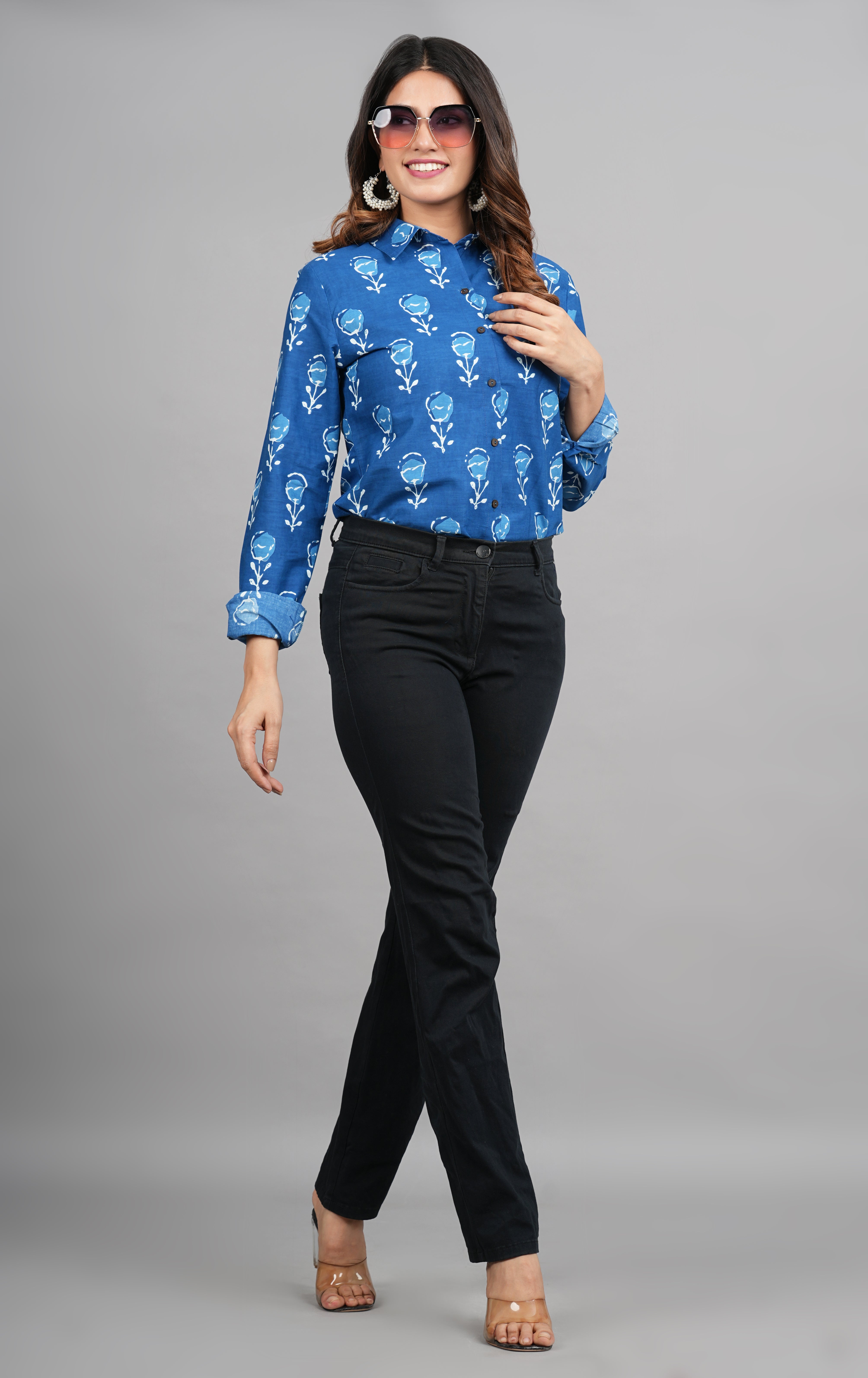 House of RP Women Light Blue Cotton Floral Print Casual Shirt - Distacart