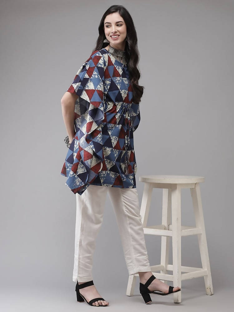 Yufta Blue & Red Geometric Printed Flared Sleeves Kaftan Kurti