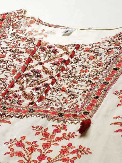 Yufta Women Off White printed Kurta with Trouser & With Dupatta