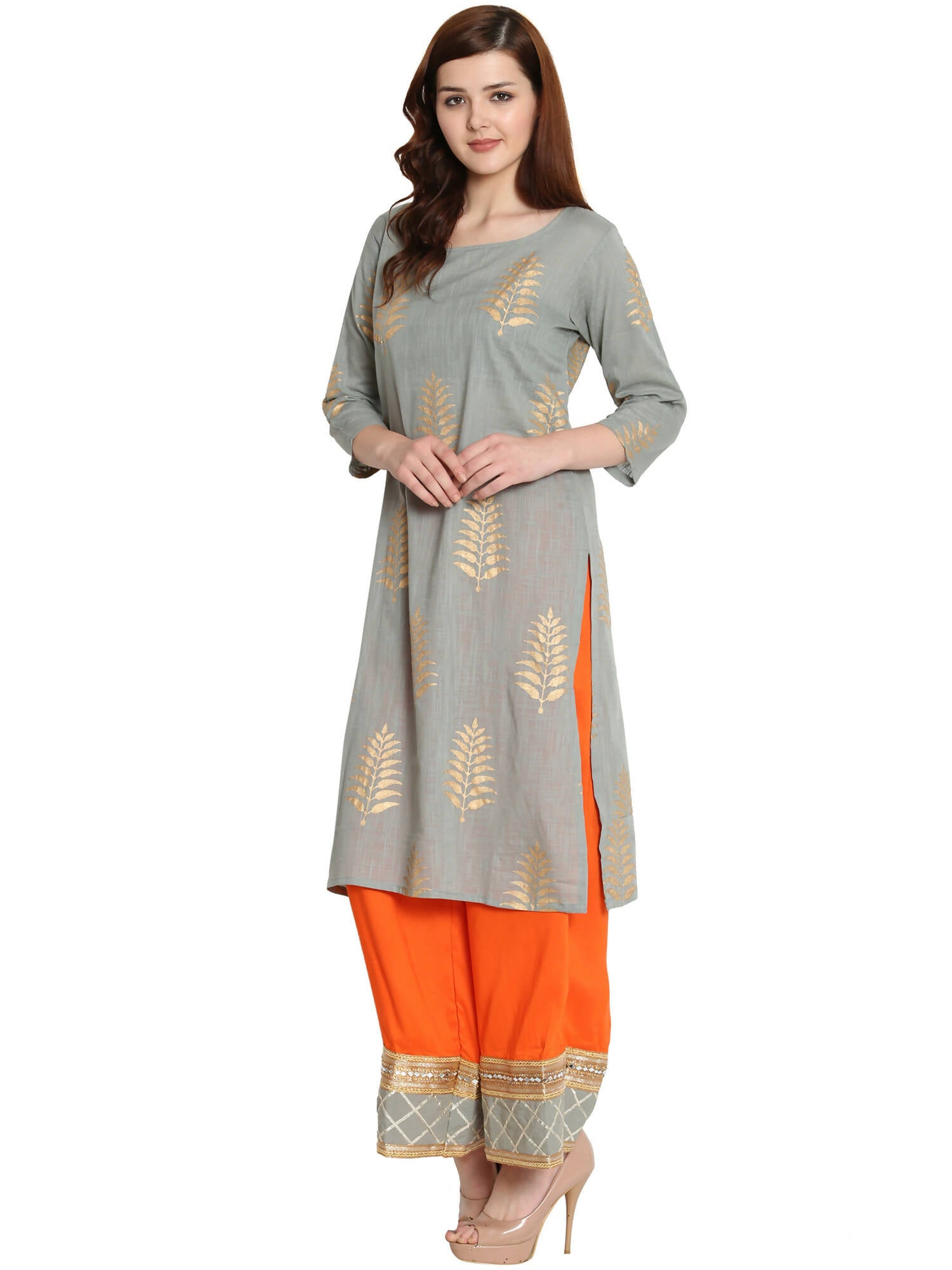 Women's Grey Gold Printed Kurti With Palazzo, Lace Work At Bottom Combined With Dupatta - G & A Apparels - Distacart
