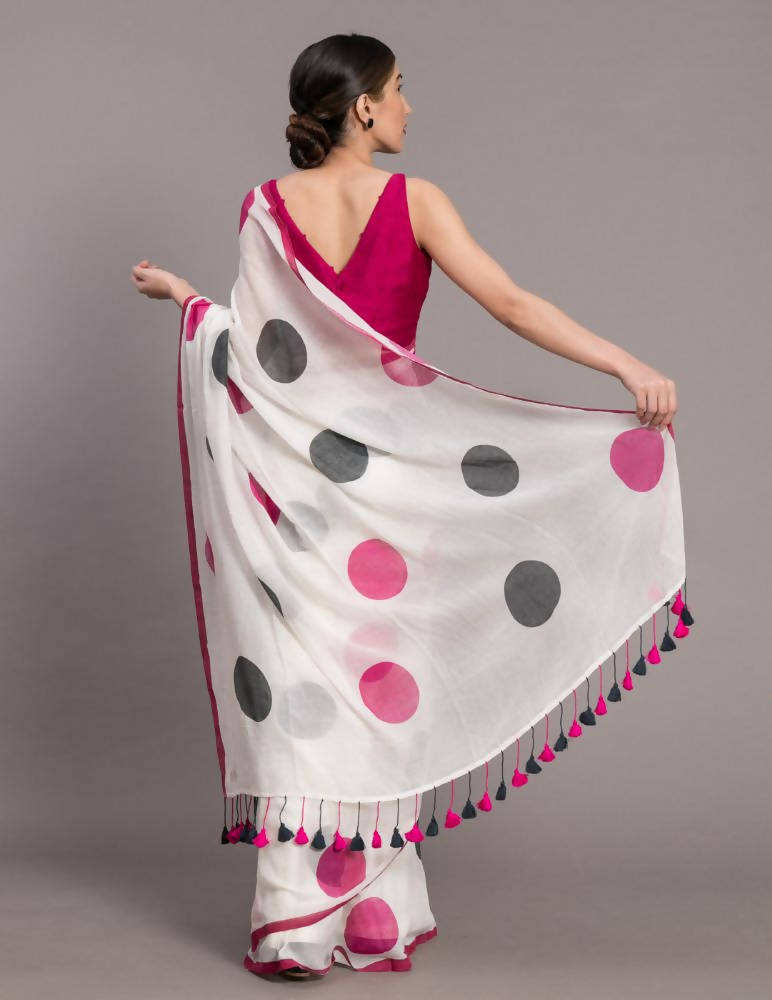 Suta White Pink Polka Dot Printed Pure Cotton Saree - Distacart