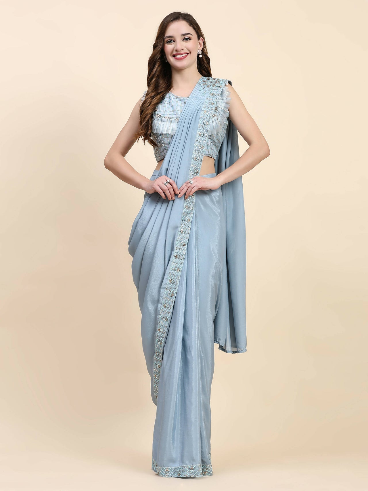 Blue Silk Satin Solid Ready to wear Saree with stitched Blouse - Satiksha - Distacart