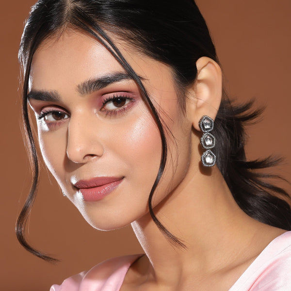 Black Geometric Kundan Drop Earrings - Ruby Raang - Distacart