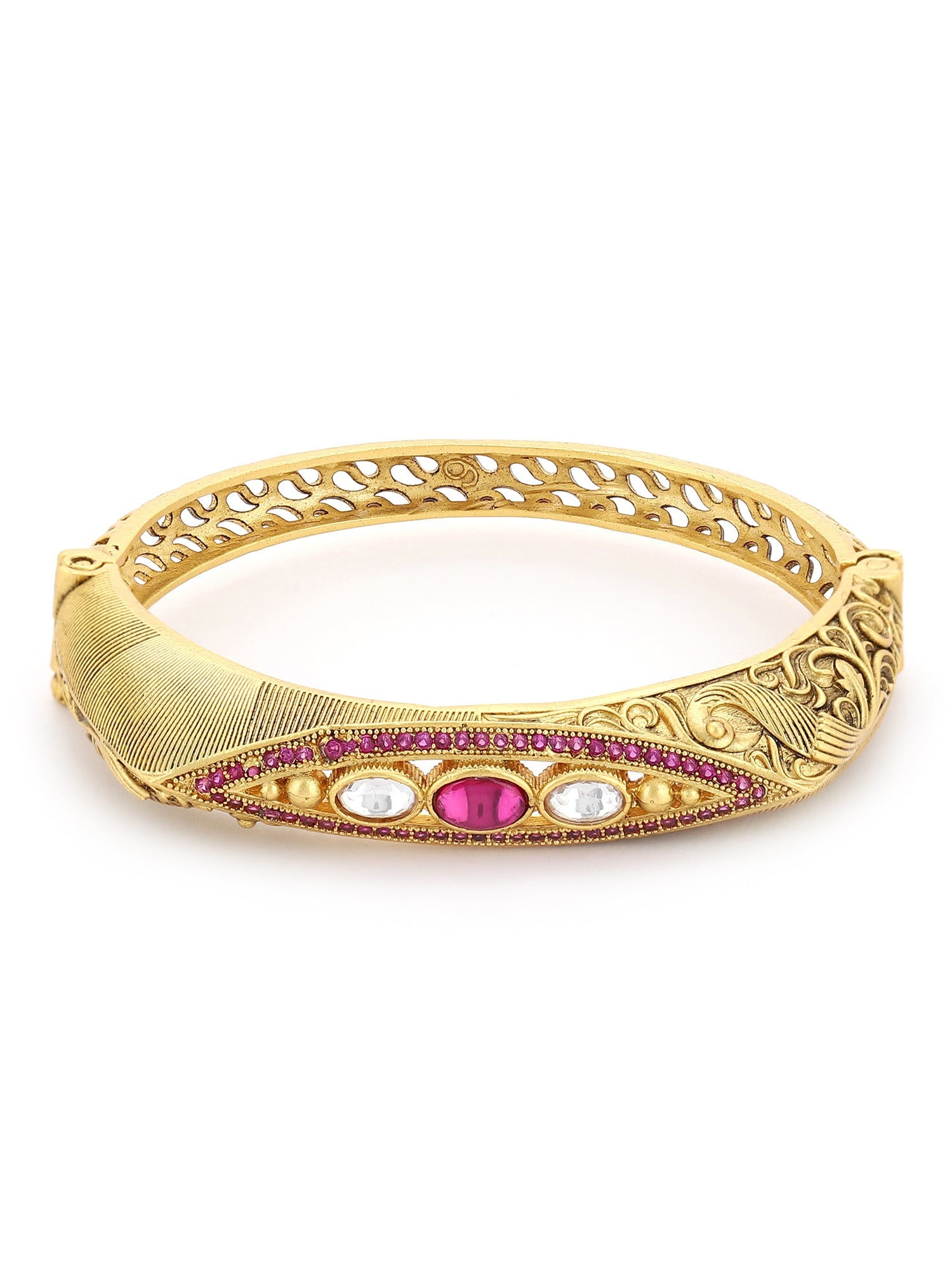 Women's Gold-Toned Pink Brass Kundan Handcrafted Gold-Plated Kada Bracelet - Ruby Raang - Distacart