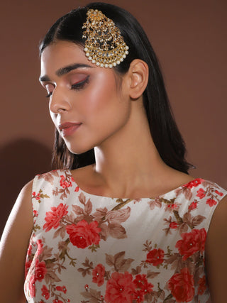 Gold-Plated White Kundan-Studded Beaded Handcrafted Jhumar Passa - Ruby Raang - Distacart