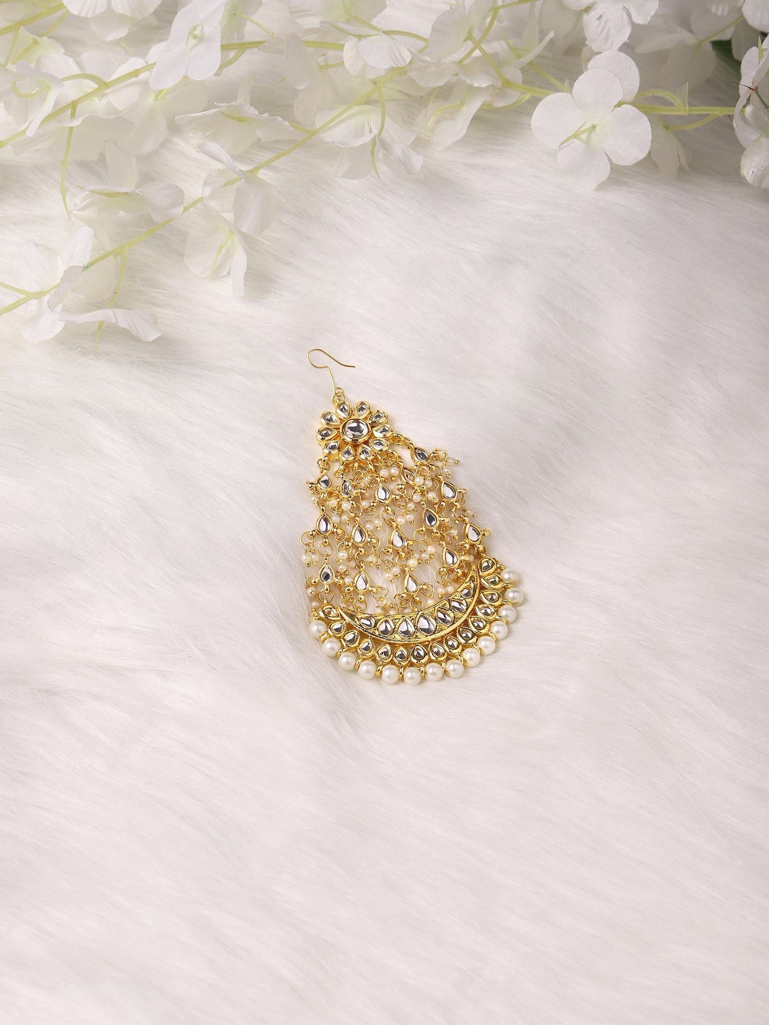 Gold-Plated White Kundan-Studded Beaded Handcrafted Jhumar Passa - Ruby Raang - Distacart