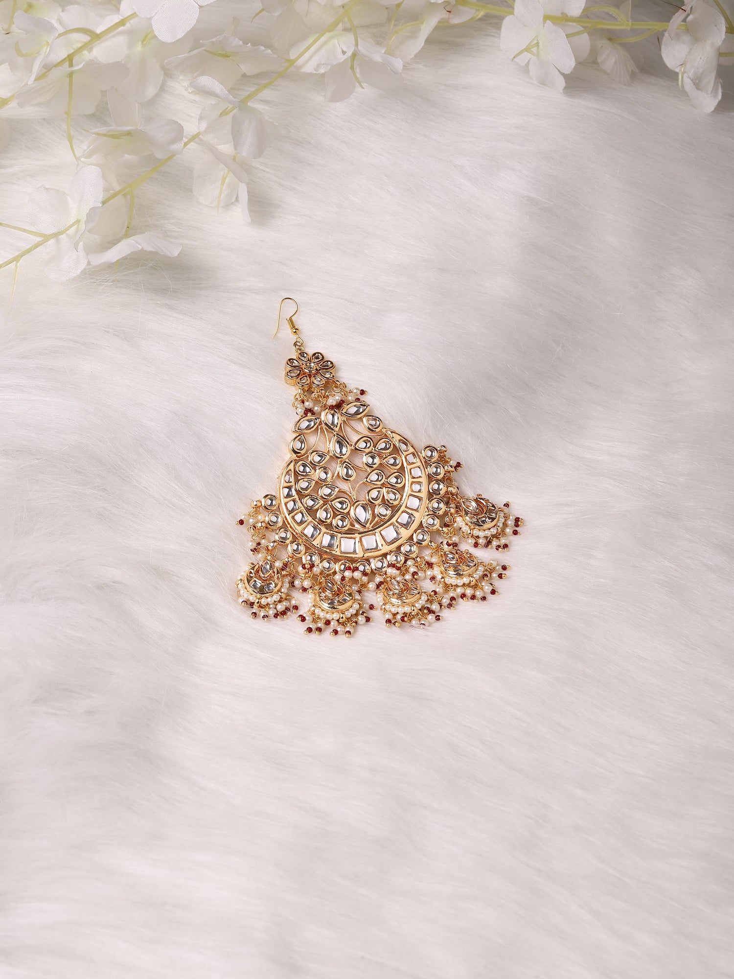 Women's Gold-Plated White Red Kundan-Studded Beaded Jhumar Passa - Ruby Raang - Distacart