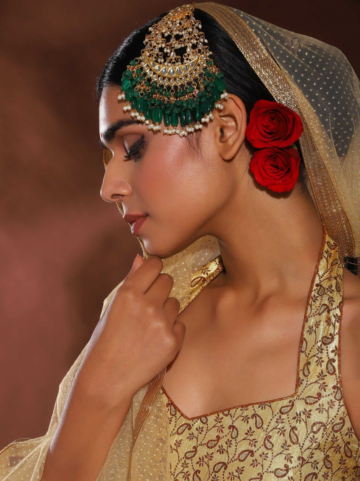 Gold-Plated Green White Kundan-Studded Jhumar Passa - Ruby Raang - Distacart