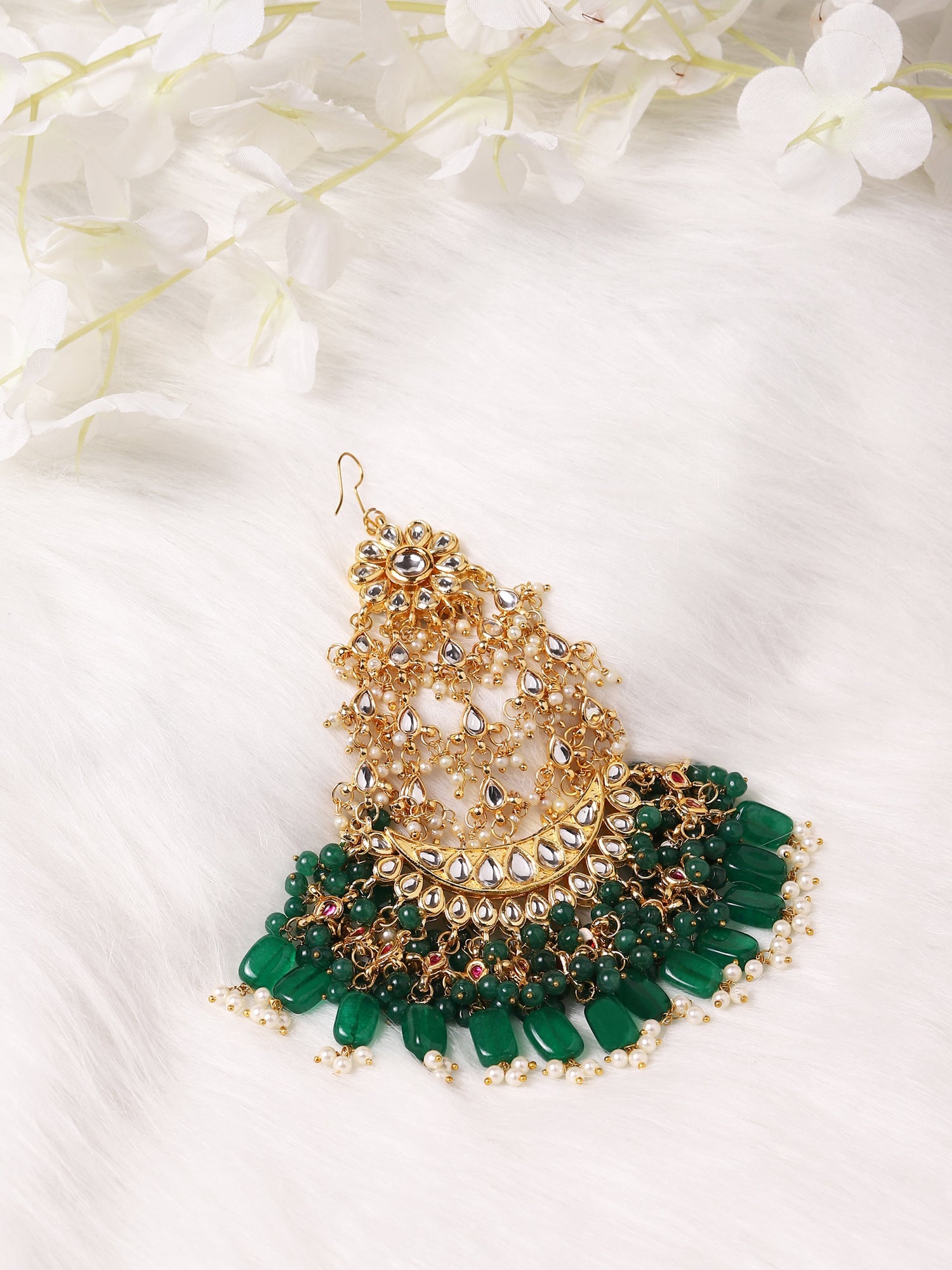 Gold-Plated Green White Kundan-Studded Jhumar Passa - Ruby Raang - Distacart