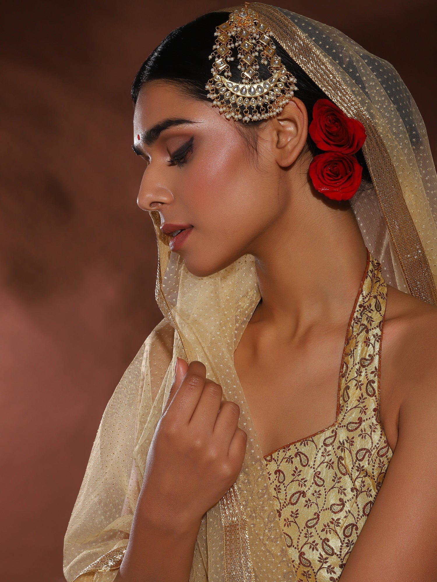 Gold-Plated White Gold Kundan-Studded Beaded Jhoomar Passa - Ruby Raang - Distacart