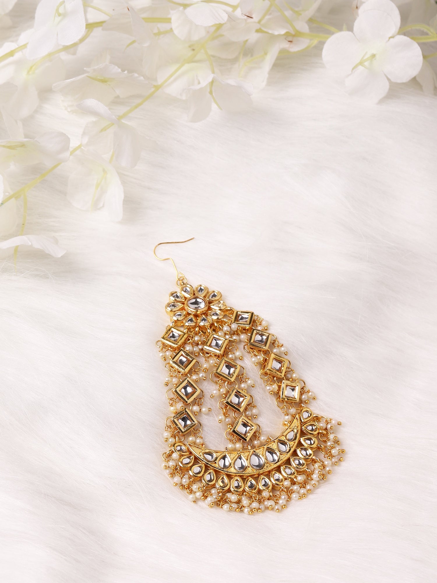 Gold-Plated White Gold Kundan-Studded Beaded Jhoomar Passa - Ruby Raang - Distacart