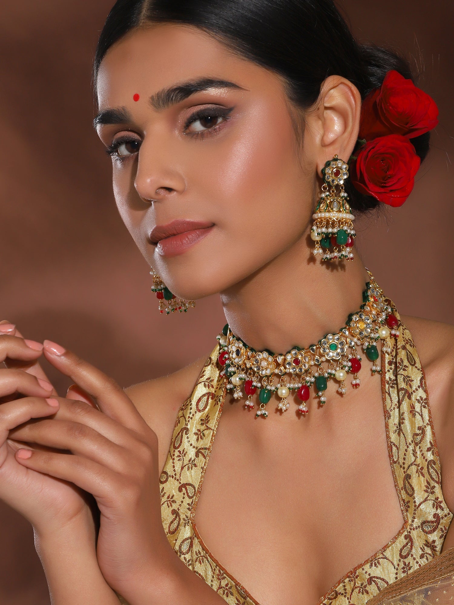 Gold-Plated Green White Kundan Stone-Studded Pearl-Beaded Jewellery Set - Ruby Raang - Distacart