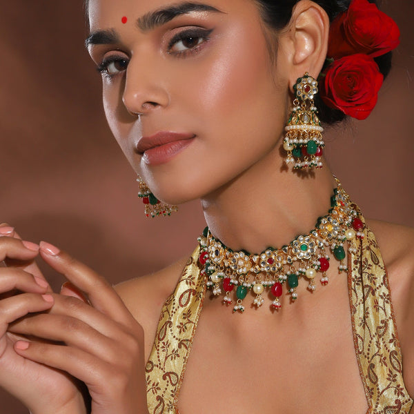 Gold-Plated Green White Kundan Stone-Studded Pearl-Beaded Jewellery Set - Ruby Raang - Distacart