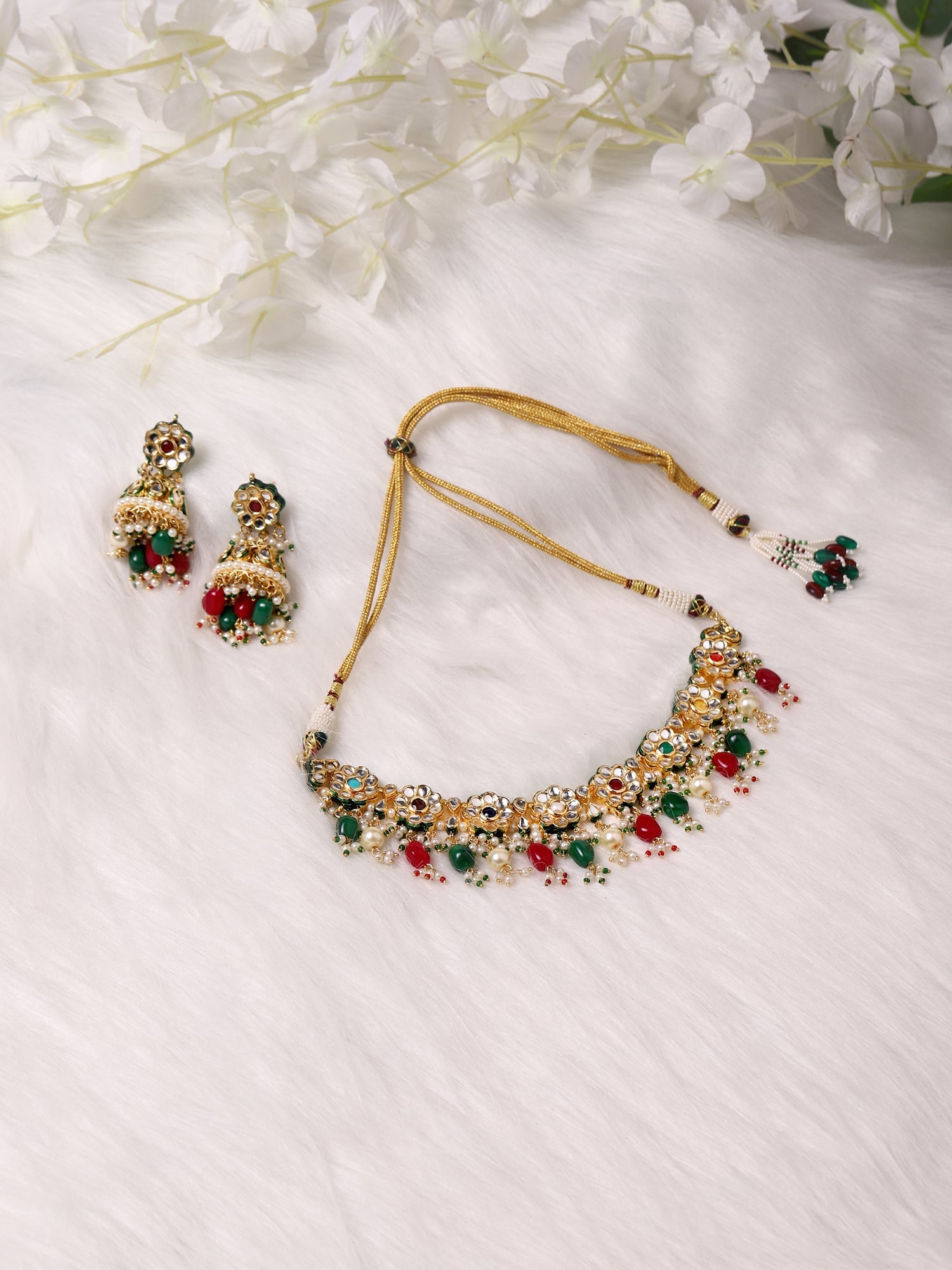 Gold-Plated Green White Kundan Stone-Studded Pearl-Beaded Jewellery Set - Ruby Raang - Distacart