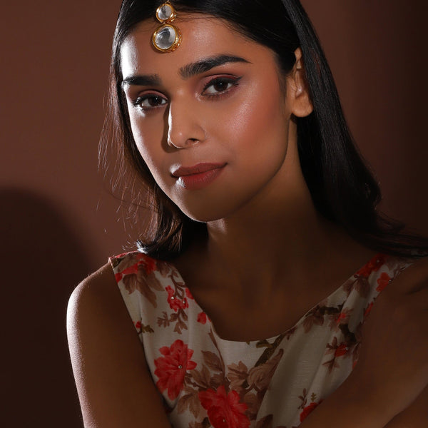Gold-Plated White Kundan Studded Beaded Maang Tikka - Ruby Raang - Distacart