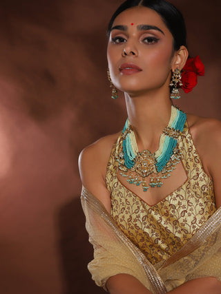 Gold-Plated Blue White Kundan Studded Beaded Jewellery Set - Ruby Raang - Distacart