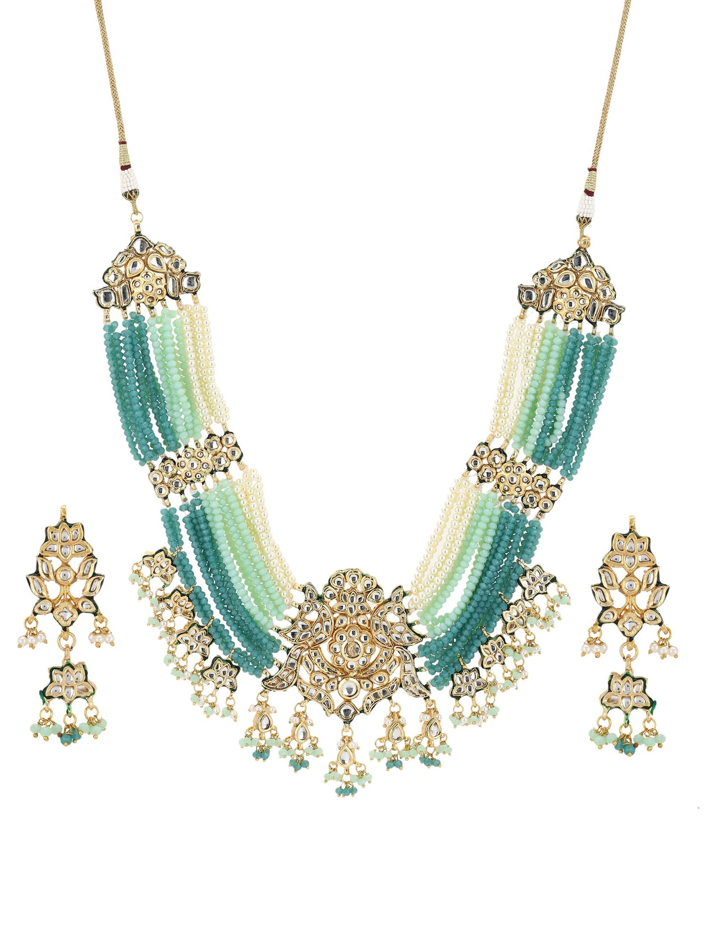 Gold-Plated Blue White Kundan Studded Beaded Jewellery Set - Ruby Raang - Distacart