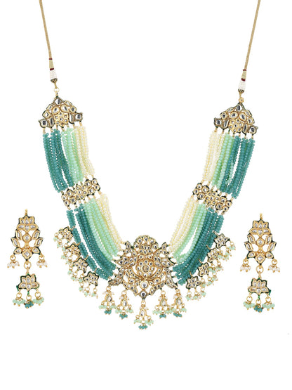 Gold-Plated Blue White Kundan Studded Beaded Jewellery Set - Ruby Raang - Distacart