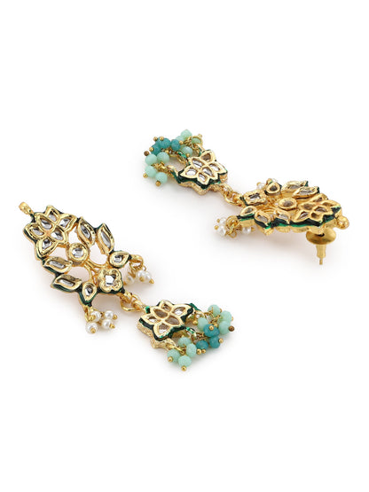 Gold-Plated Blue White Kundan Studded Beaded Jewellery Set - Ruby Raang - Distacart