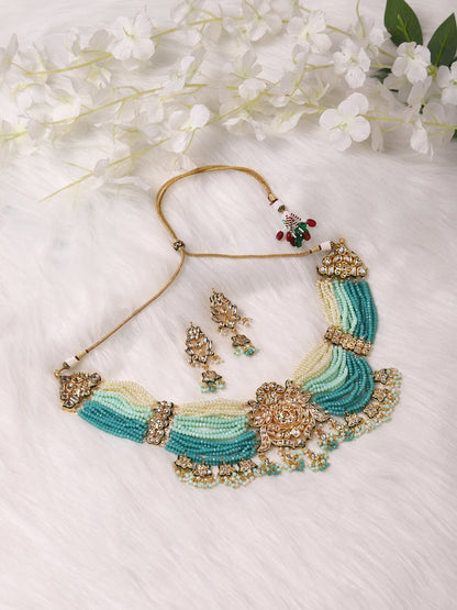 Gold-Plated Blue White Kundan Studded Beaded Jewellery Set - Ruby Raang - Distacart