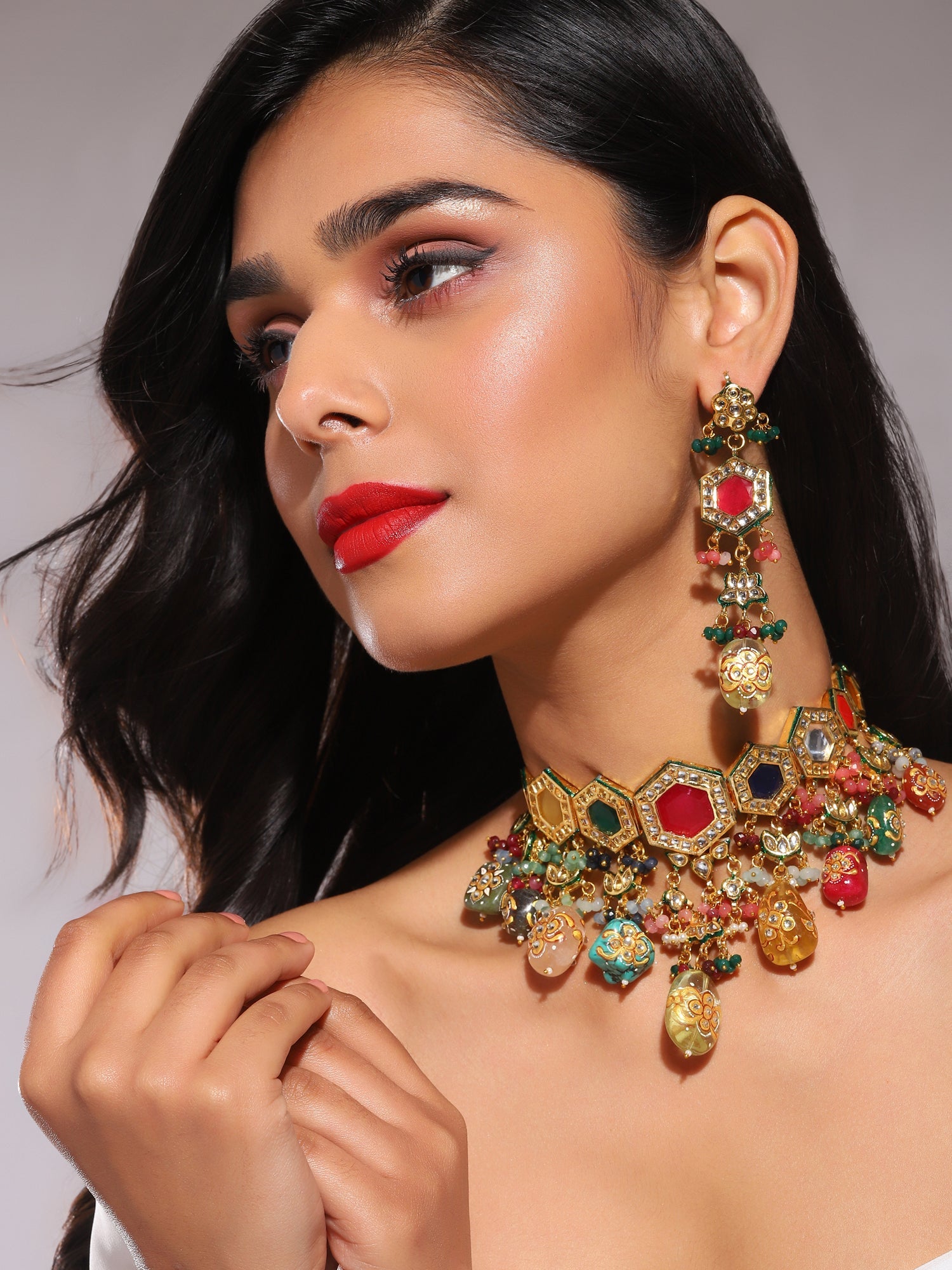Gold-Plated Multicolored Kundan-Studded Beaded Jewellery Set - Ruby Raang - Distacart