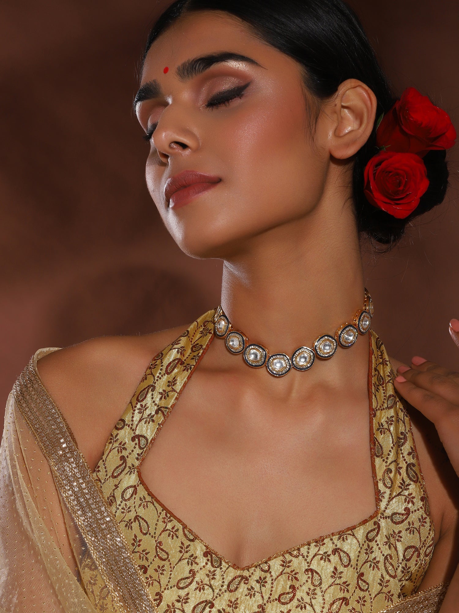 Gold-Toned Green Brass Rhodium-Plated Kundan Necklace - Ruby Raang - Distacart