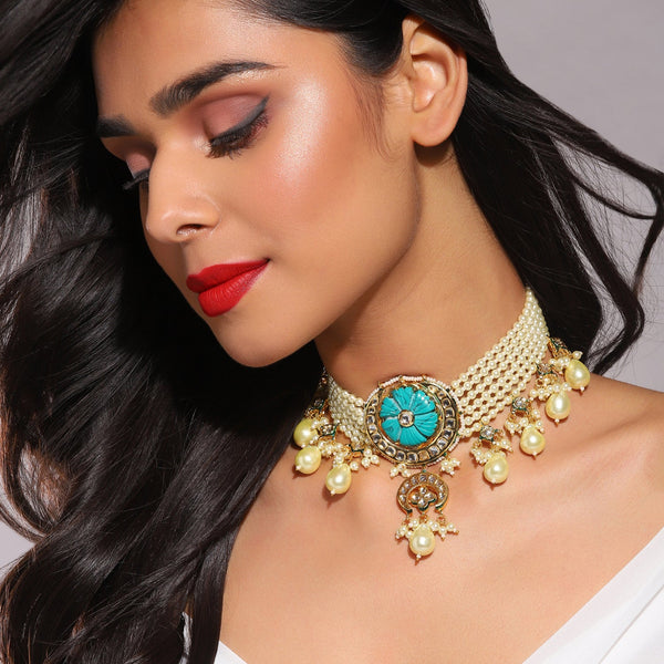 White Blue Brass Gold-Plated Necklace - Ruby Raang - Distacart