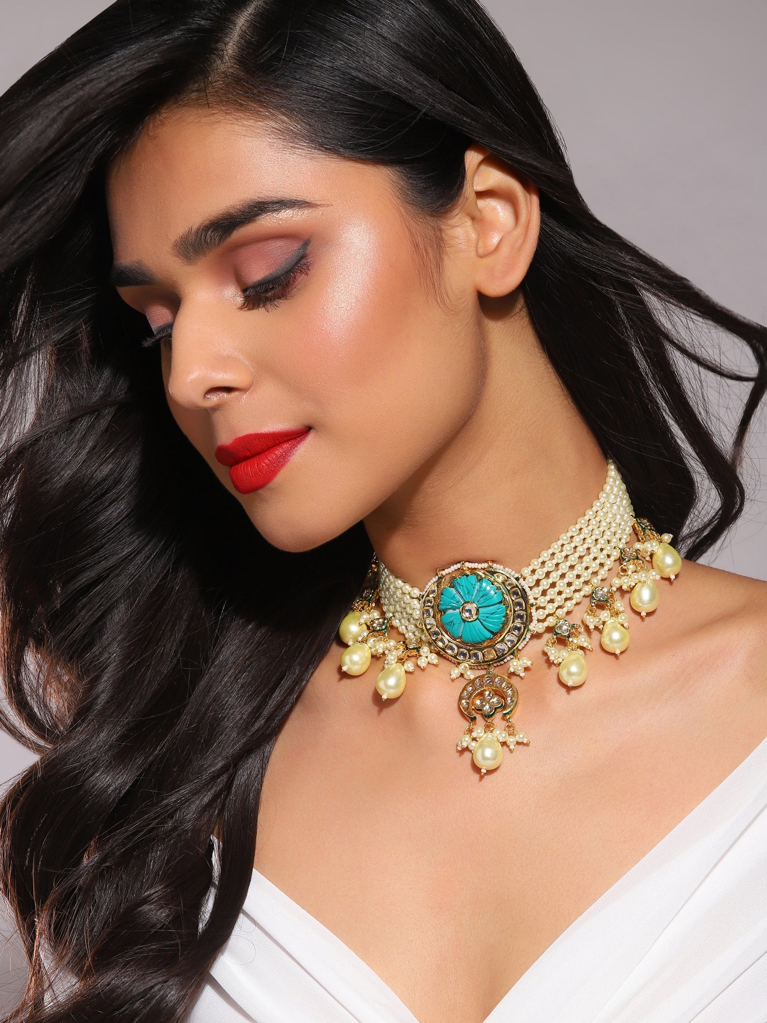 White Blue Brass Gold-Plated Necklace - Ruby Raang - Distacart