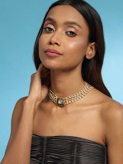 Gold-Plated White Green Brass Kundan Pearls Choker Necklace - Ruby Raang - Distacart