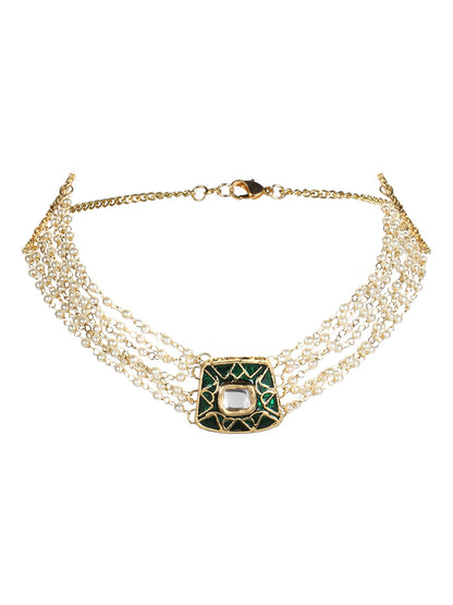 Gold-Plated White Green Brass Kundan Pearls Choker Necklace - Ruby Raang - Distacart