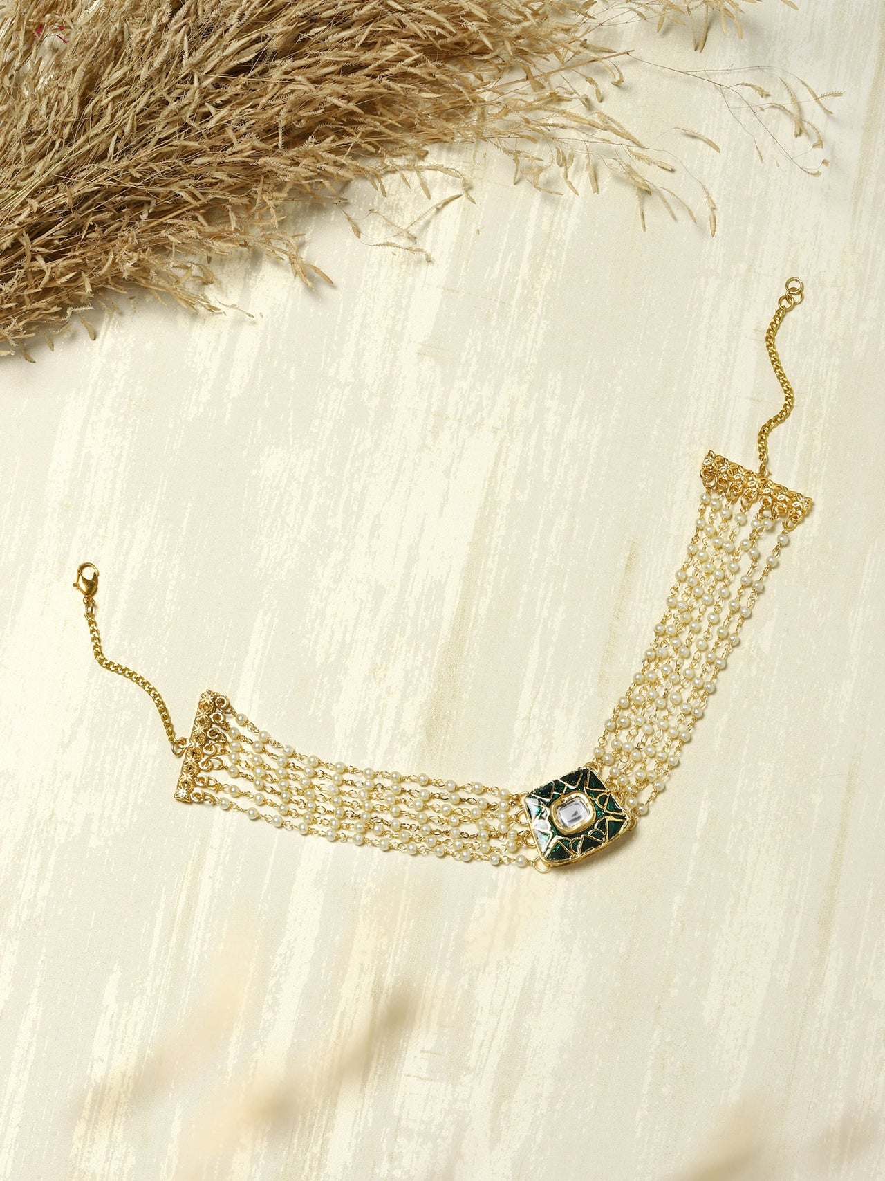 Gold-Plated White Green Brass Kundan Pearls Choker Necklace - Ruby Raang - Distacart
