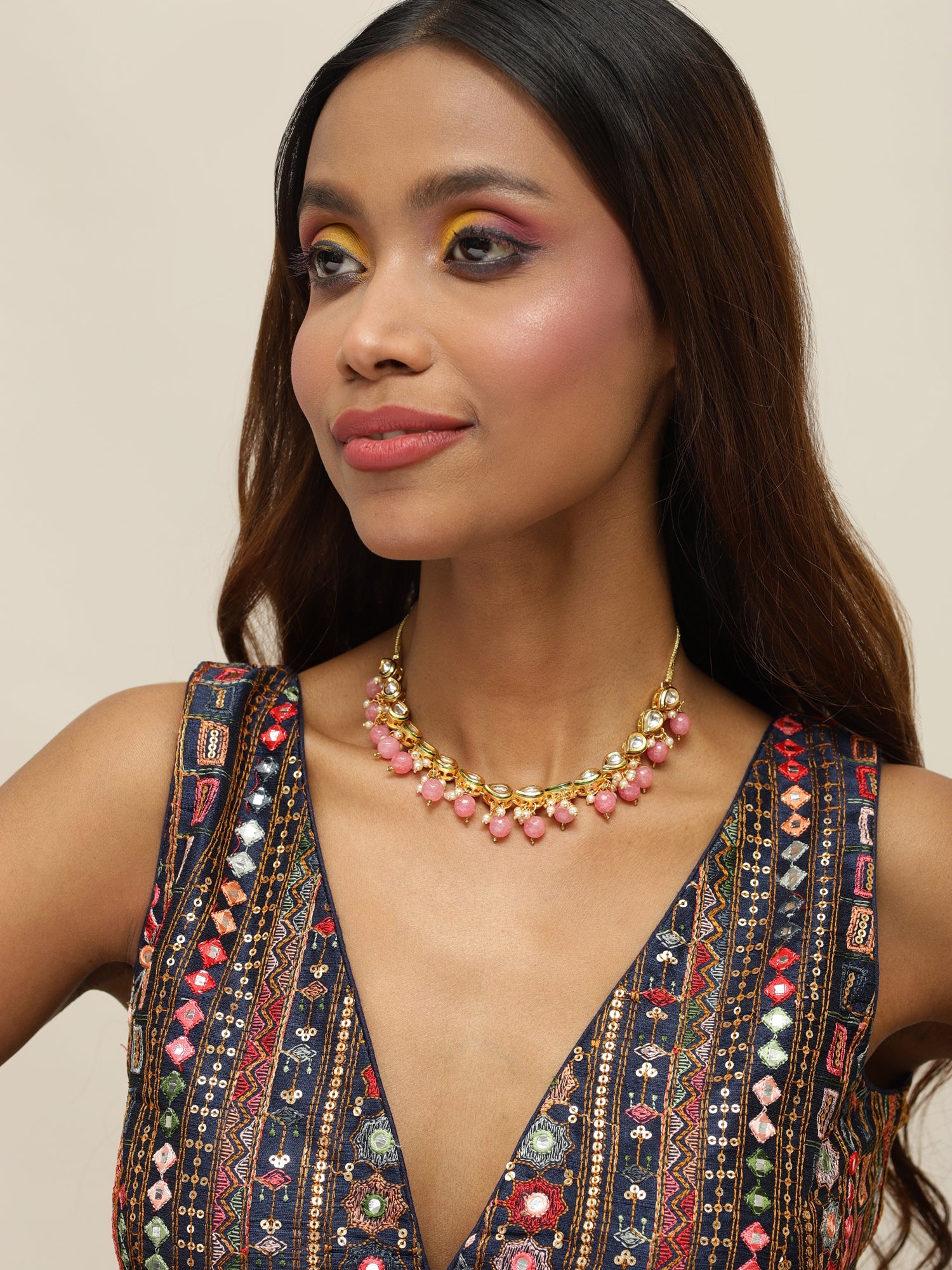 Gold-Toned Pink Gold-Plated Handcrafted Necklace - Ruby Raang - Distacart