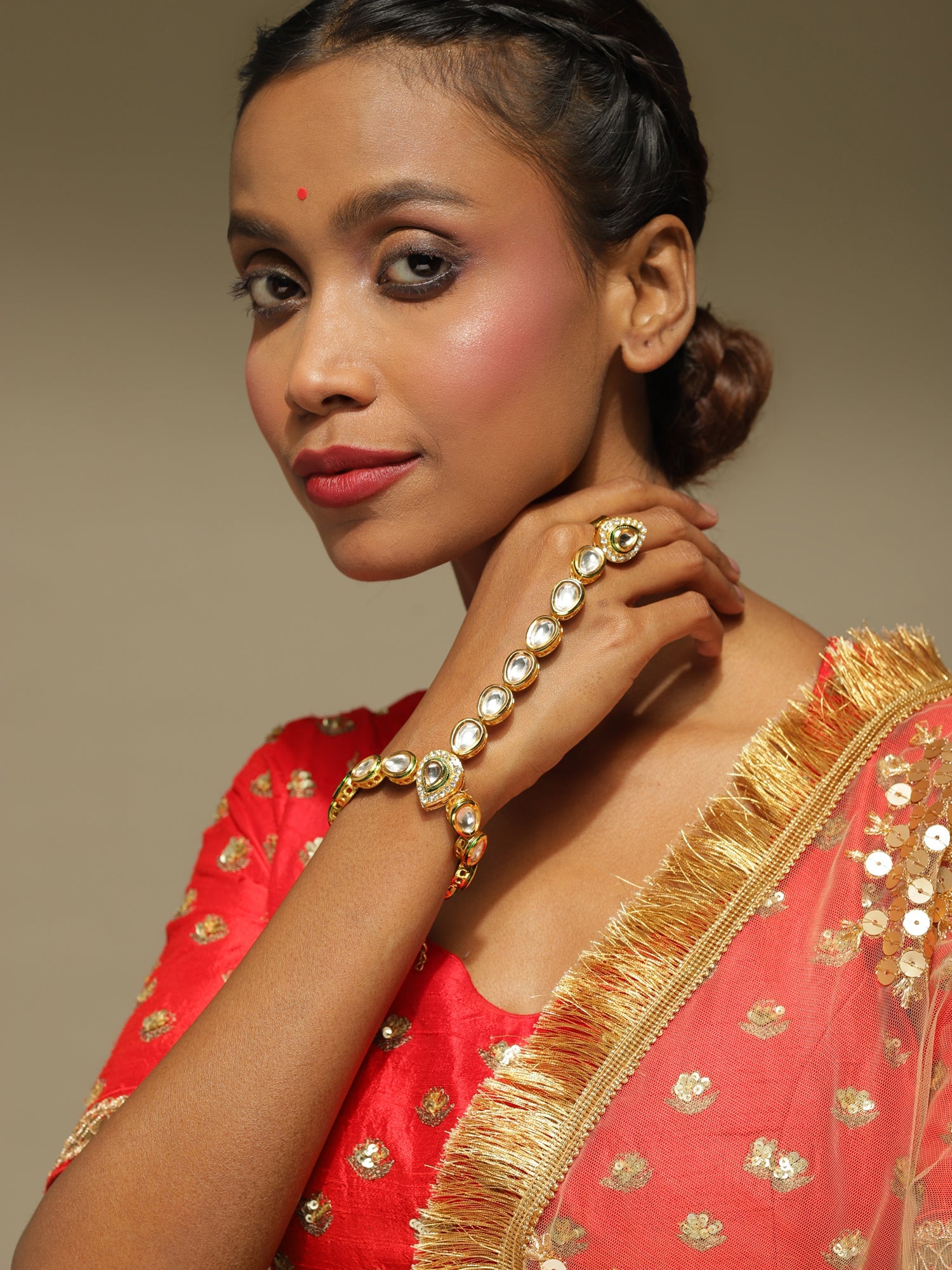 Women's Gold-Plated White Green Brass Kundan Ring Bracelet - Ruby Raang - Distacart