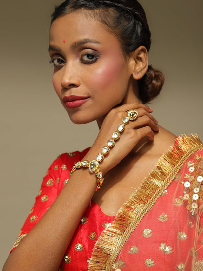 Women's Gold-Plated White Green Brass Kundan Ring Bracelet - Ruby Raang - Distacart