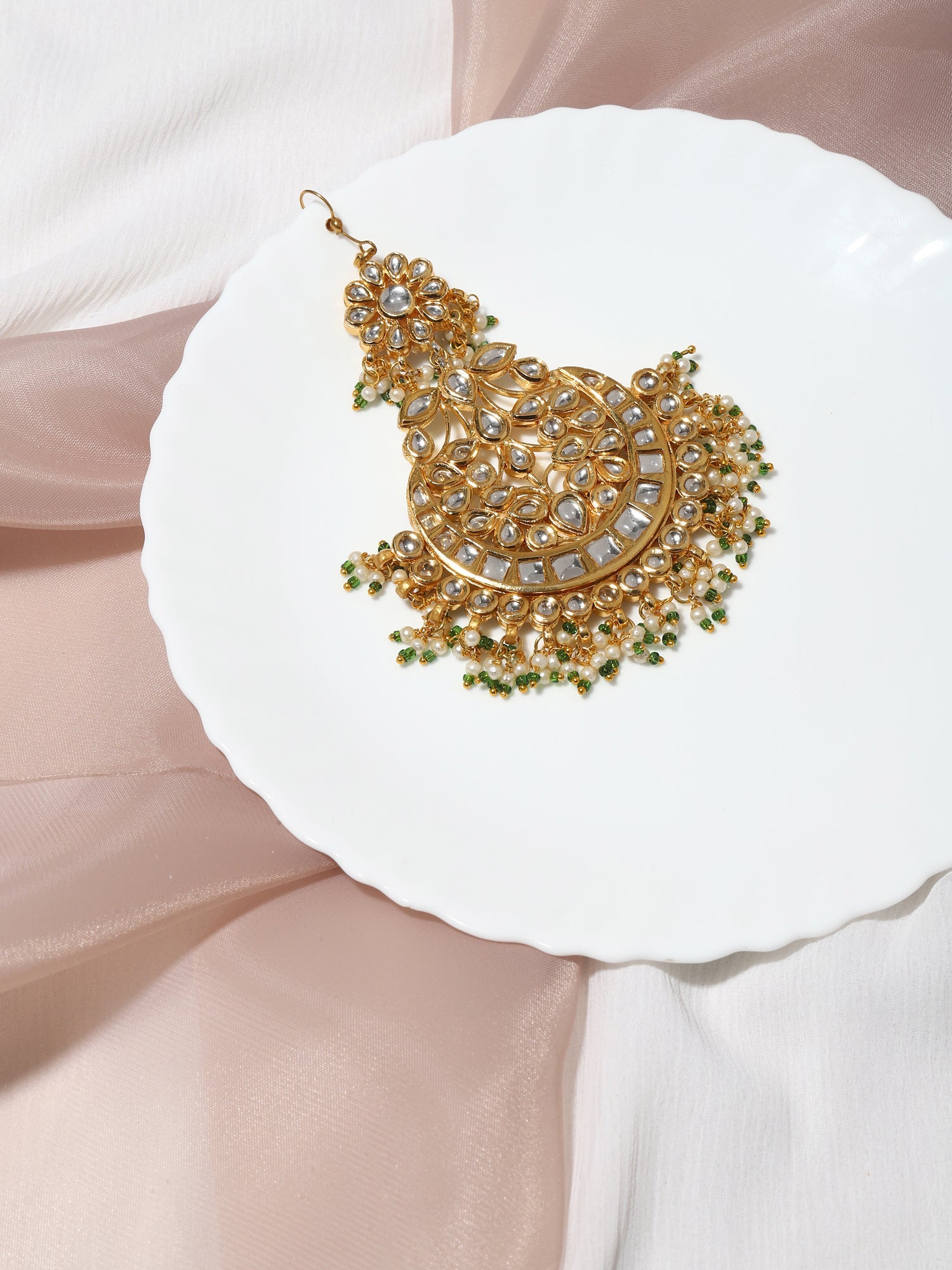 Gold Plated Kundan Studded Maang Tikka Jhoomar - Ruby Raang - Distacart