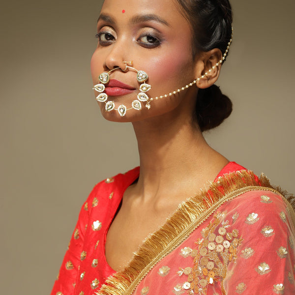White Gold-Toned Plated Kundan Vilandi Chained Nose Ring - Ruby Raang - Distacart