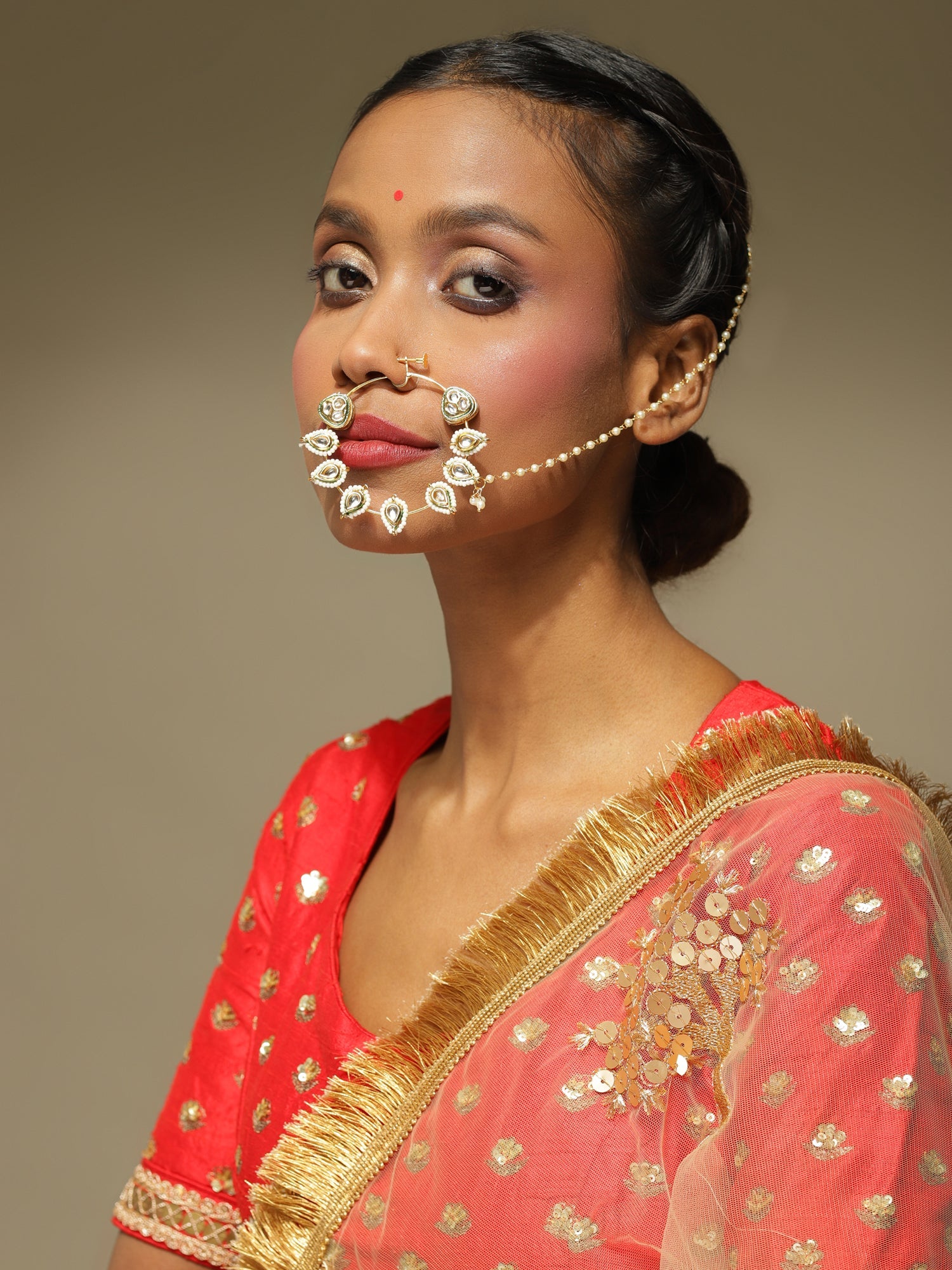 White Gold-Toned Plated Kundan Vilandi Chained Nose Ring - Ruby Raang - Distacart