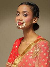 Thumbnail for White Gold-Toned Plated Kundan Vilandi Chained Nose Ring - Ruby Raang - Distacart