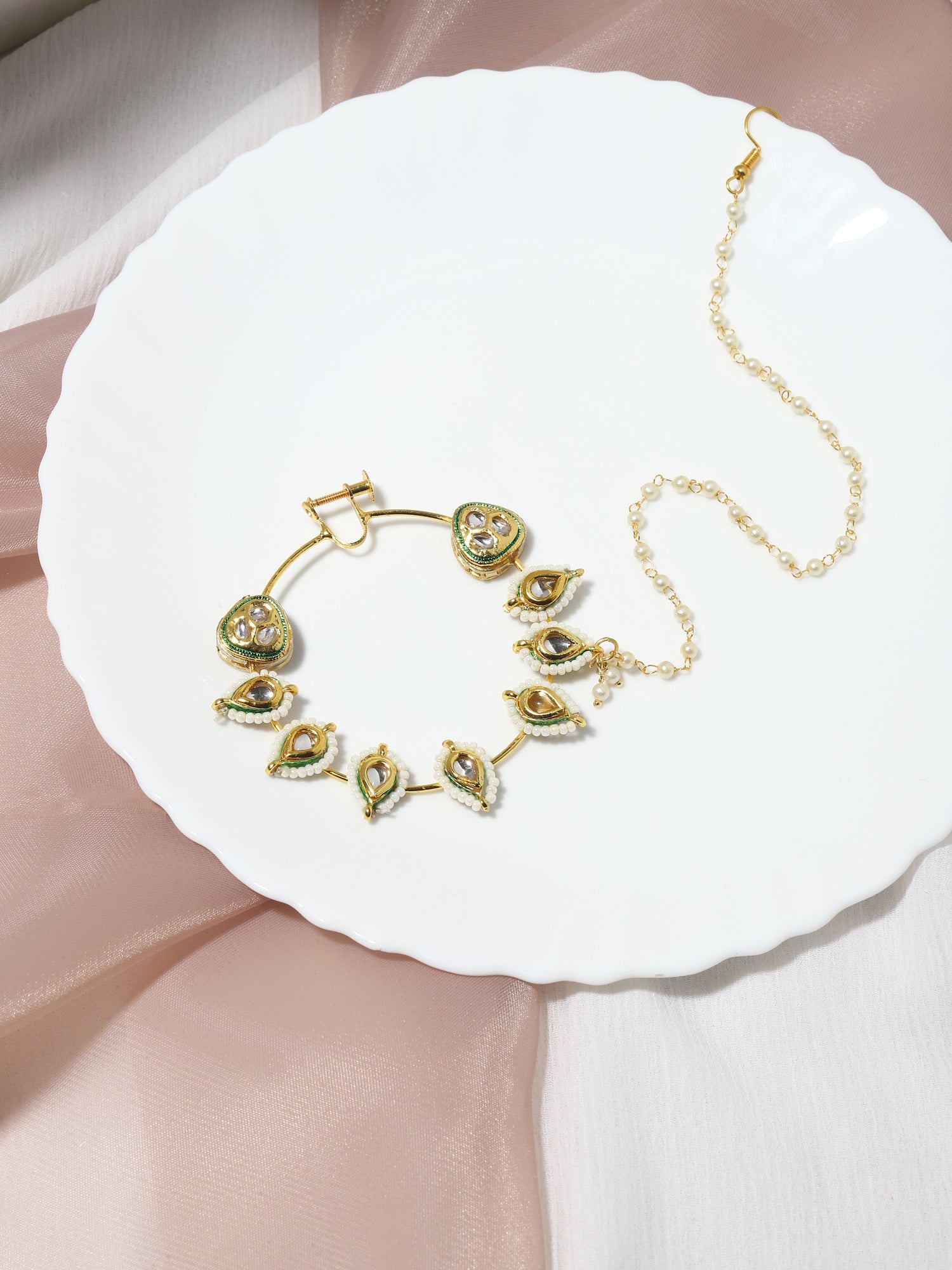 White Gold-Toned Plated Kundan Vilandi Chained Nose Ring - Ruby Raang - Distacart