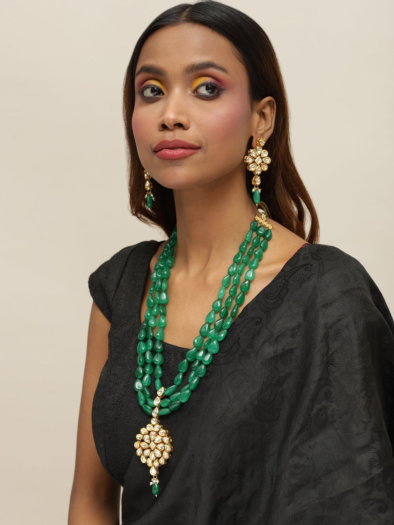 Green Gold-Plated Long Kundan Jewellery Set - Ruby Raang - Distacart