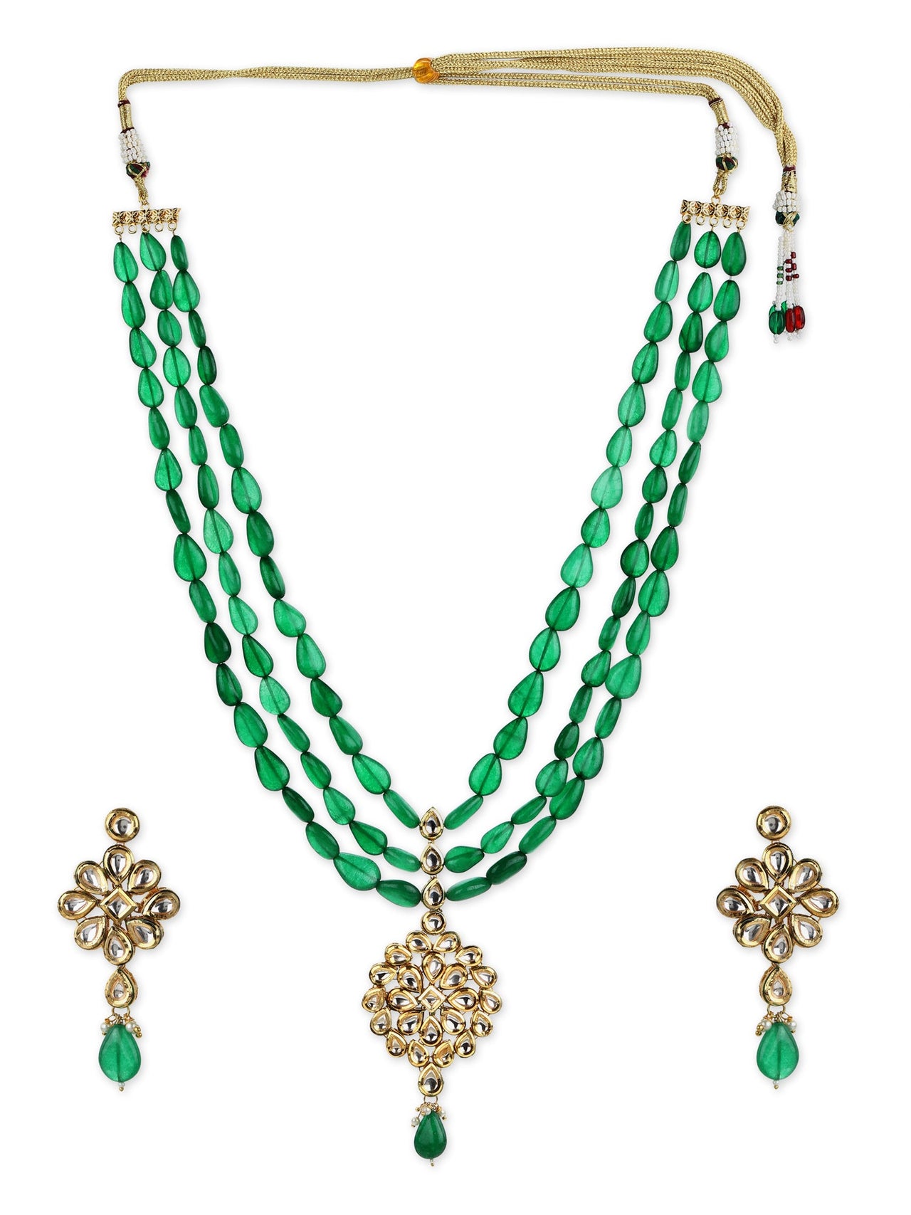 Green Gold-Plated Long Kundan Jewellery Set - Ruby Raang - Distacart