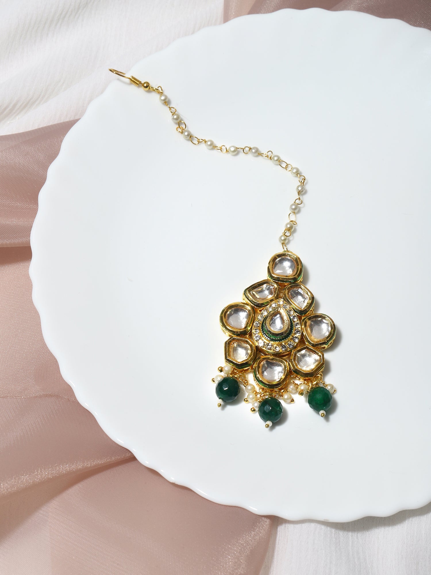 Gold-Plated Green Kundan-Studded Maang Tikka - Ruby Raang - Distacart