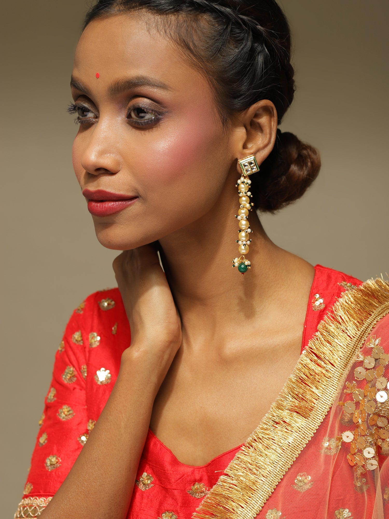 Cream-Coloured Green Gold Plated Kundan Studded Contemporary Drop Earrings - Ruby Raang - Distacart