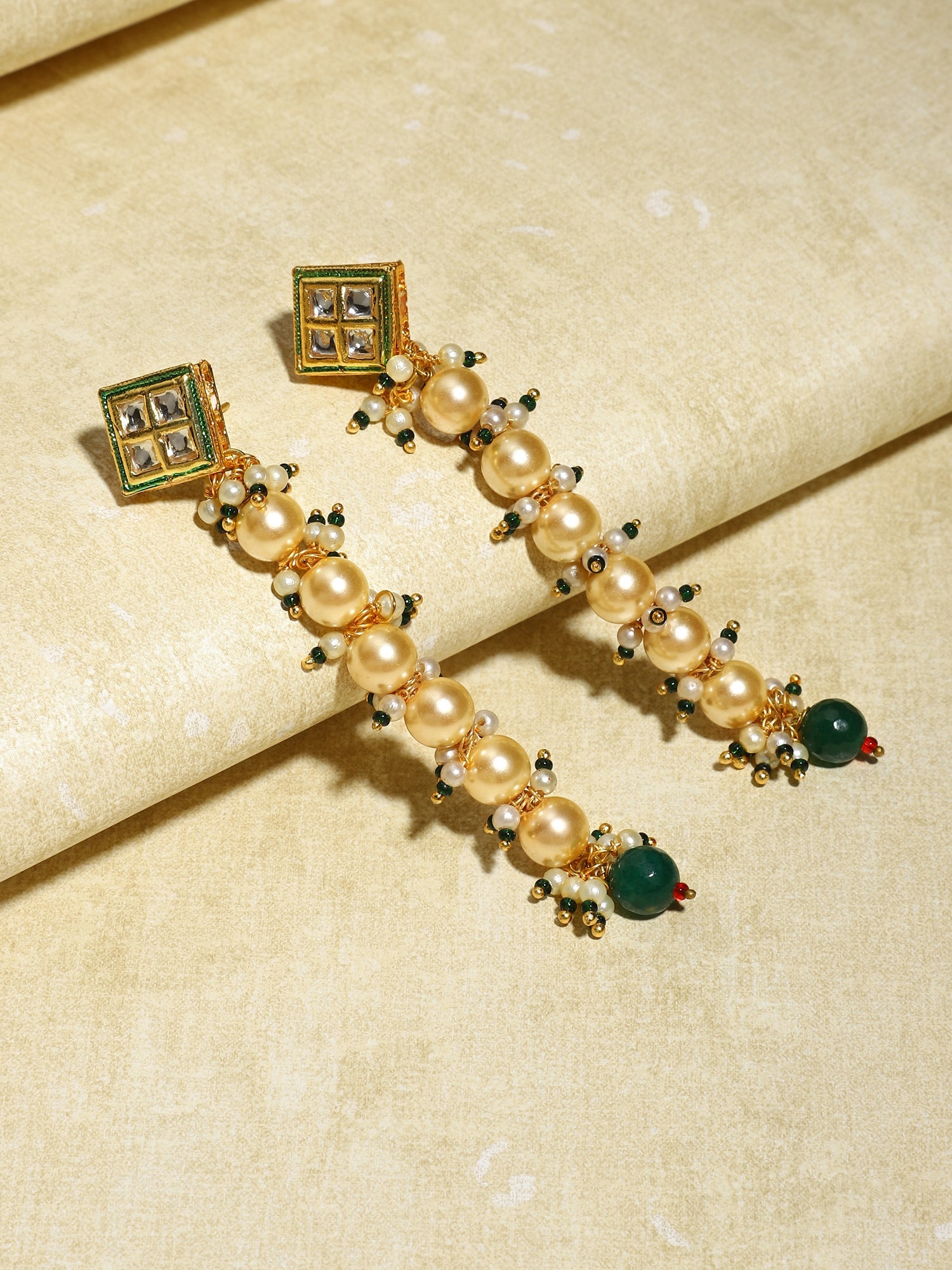 Cream-Coloured Green Gold Plated Kundan Studded Contemporary Drop Earrings - Ruby Raang - Distacart