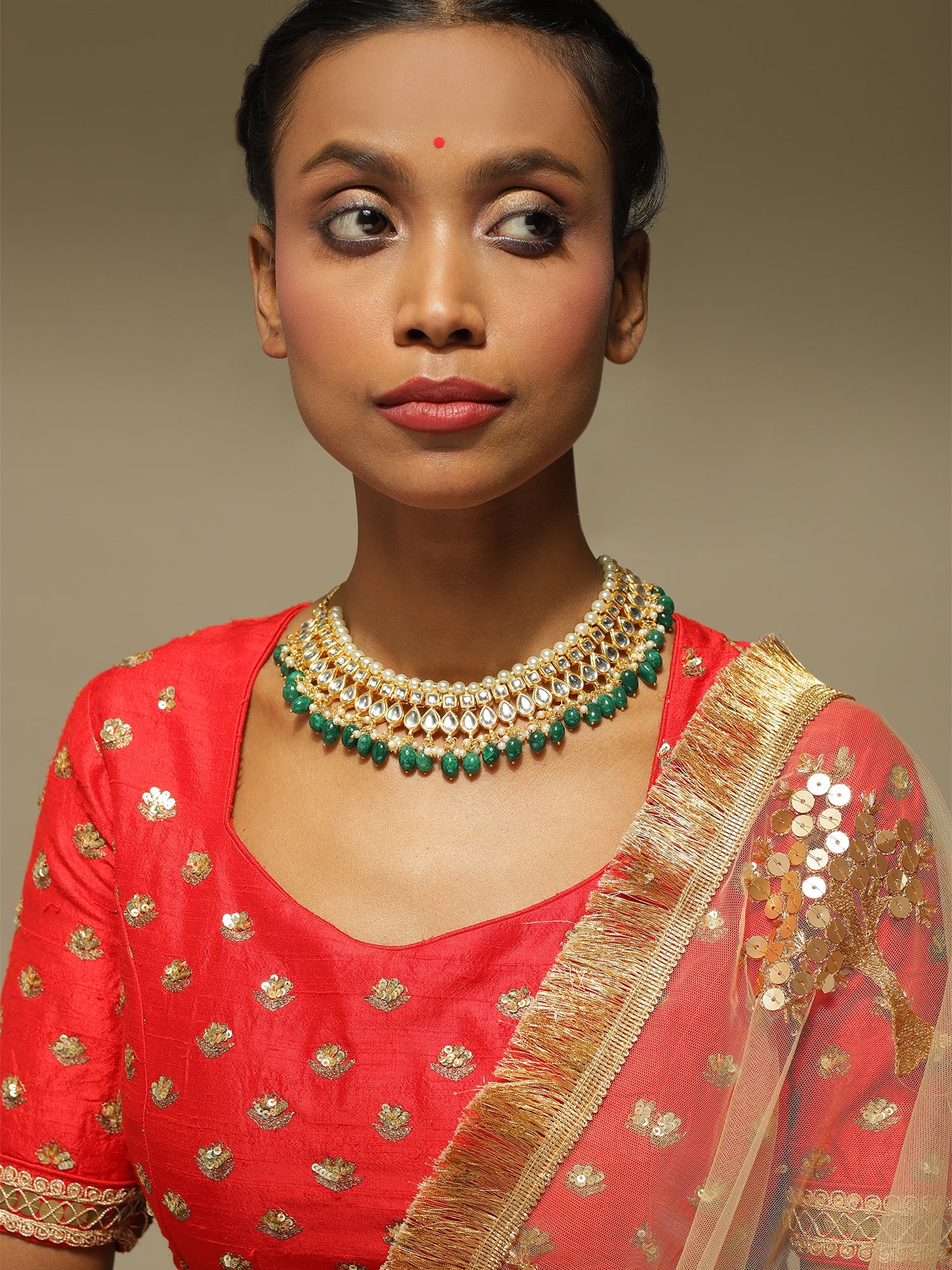 Gold-Plated Green Kundan Studded Brass Necklace - Ruby Raang - Distacart