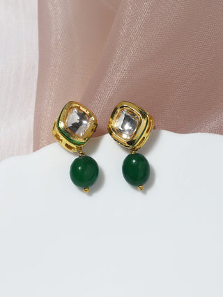 Women's Green Kundan Contemporary Drop Earrings - Ruby Raang - Distacart