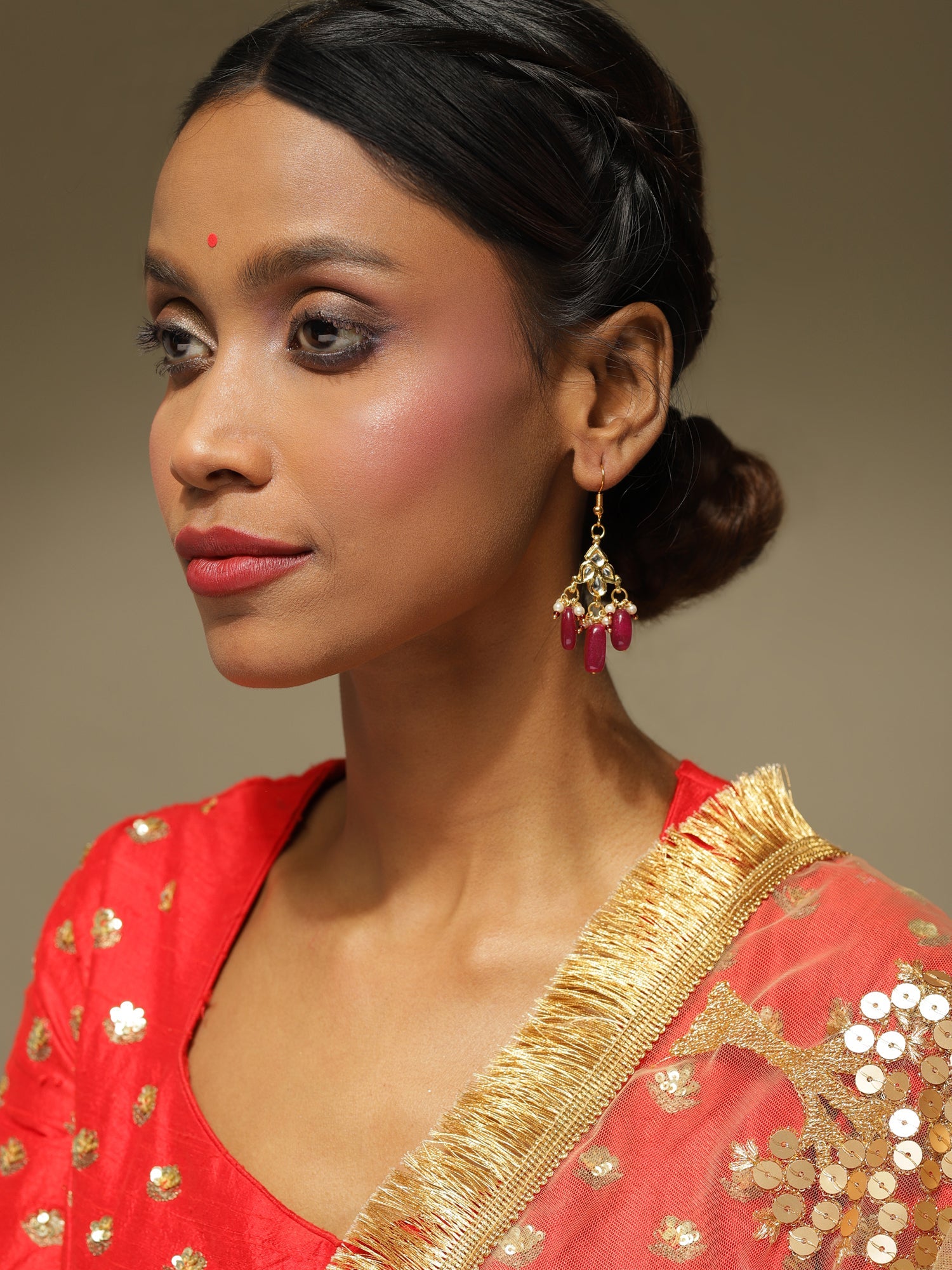 Maroon Kundan Contemporary Drop Earrings - Ruby Raang - Distacart