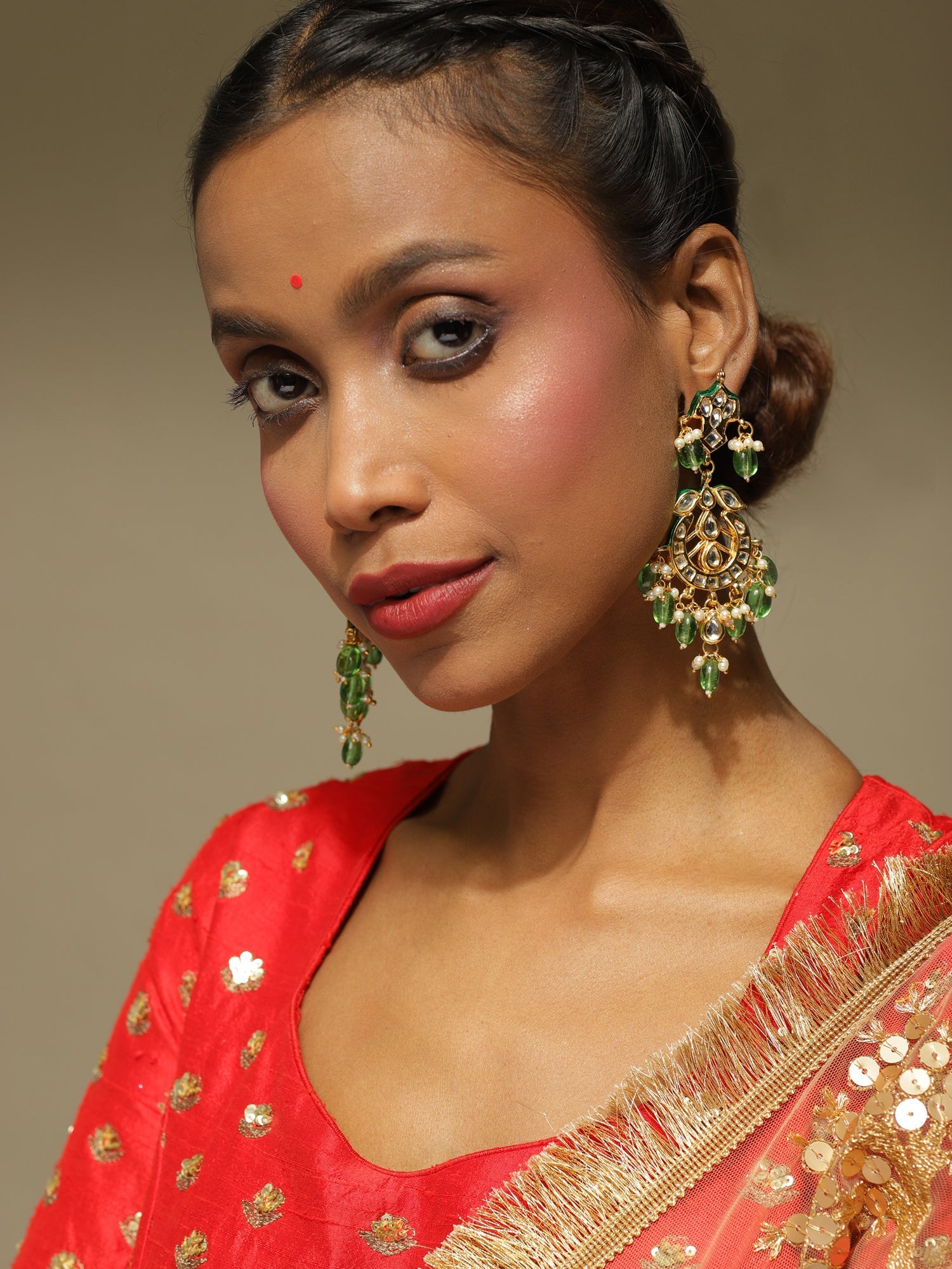 Green Gold-Plated Kundan Drop Earrings - Ruby Raang - Distacart