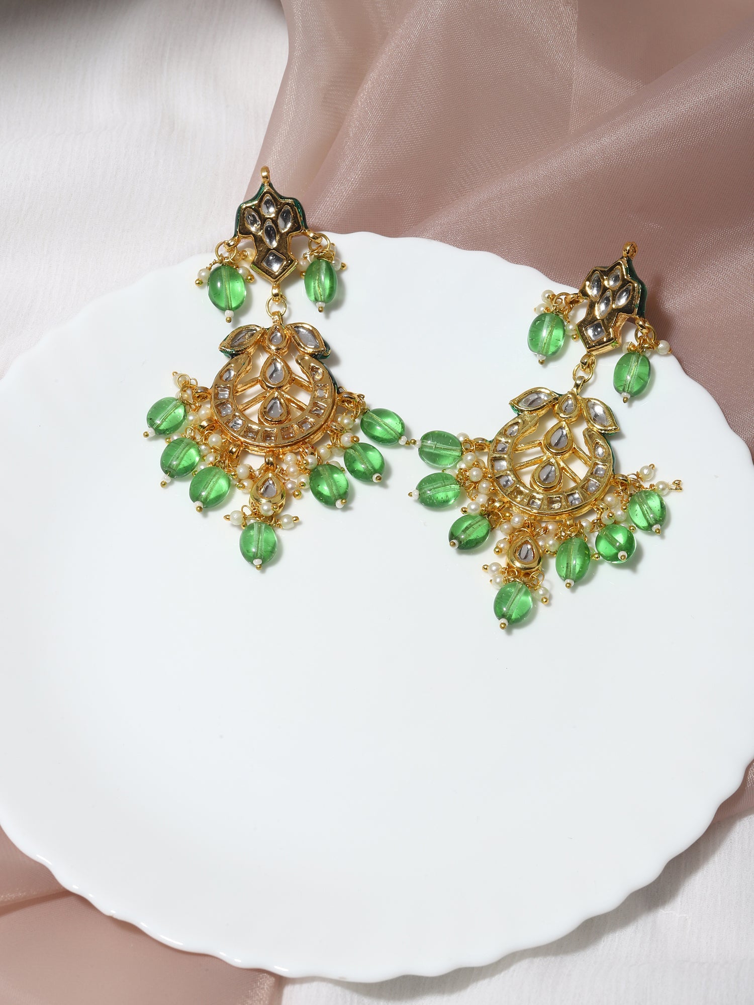 Green Gold-Plated Kundan Drop Earrings - Ruby Raang - Distacart